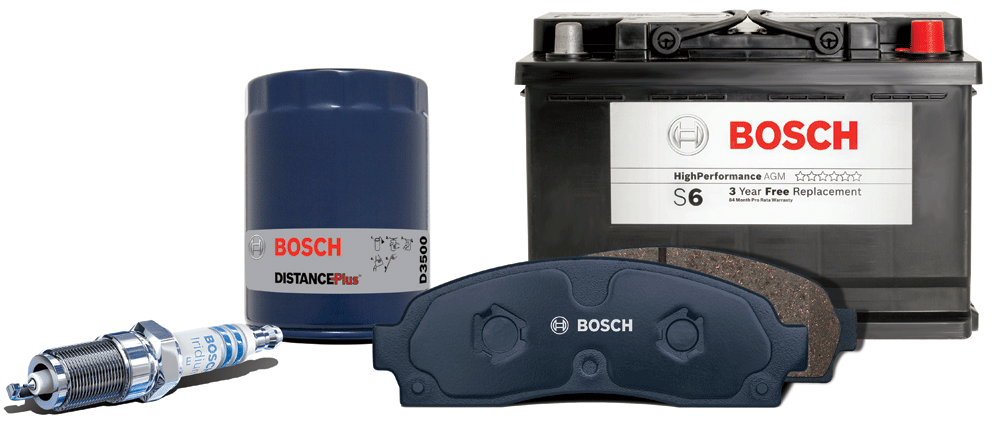 An example of Bosch brand parts including a battery, oil filter, spark plug and brake pads.