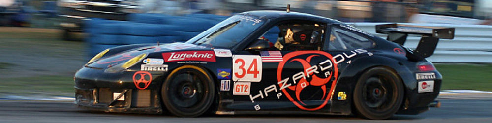 The black Hazardous Sports 996 GT3R pictured on track at Sebring 2005.