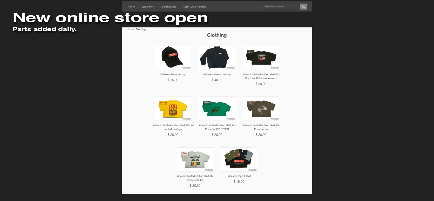 A screen capture showing the merch section of the new lufteknic website