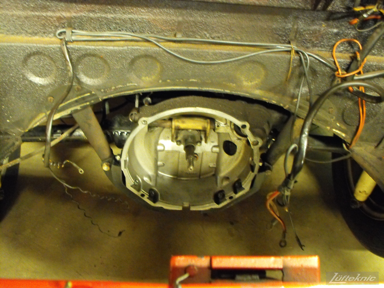 Engine out for a 1961 Porsche 356B Roadster restoration.