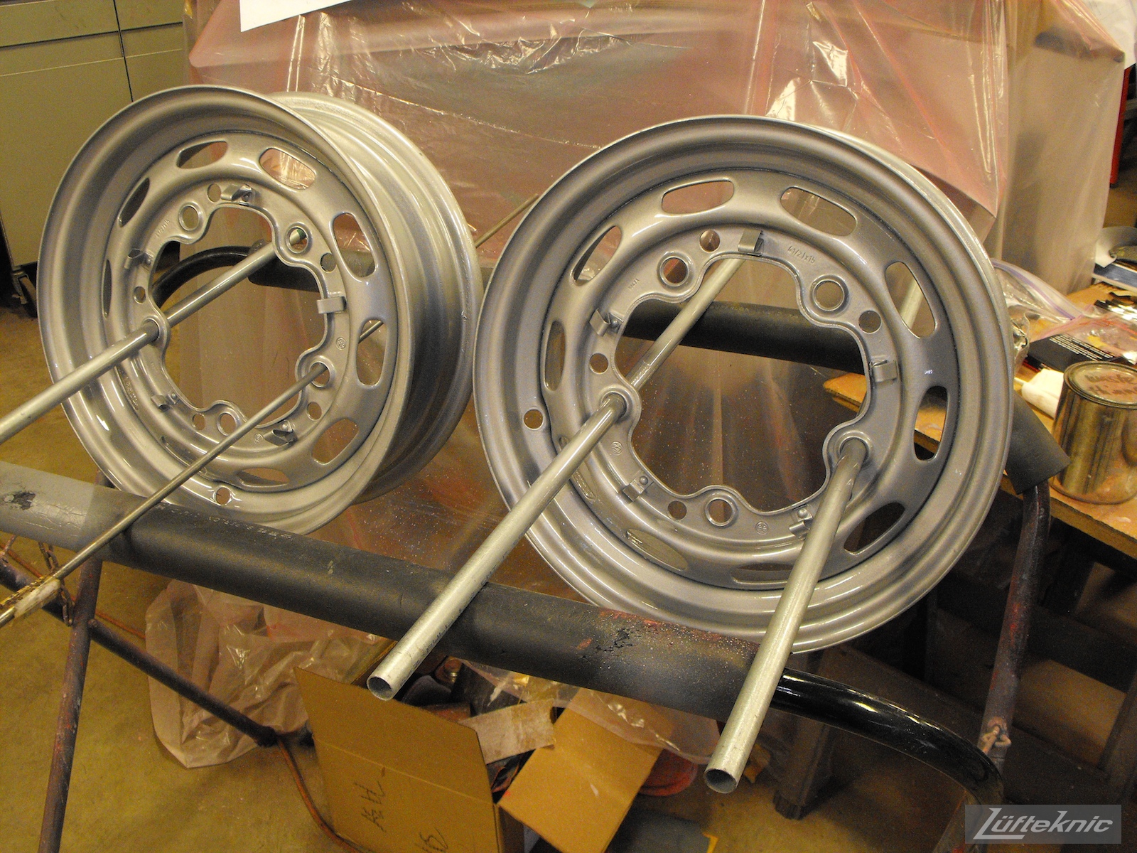 Freshly painted wheels on a 1961 Porsche 356B Roadster restoration.