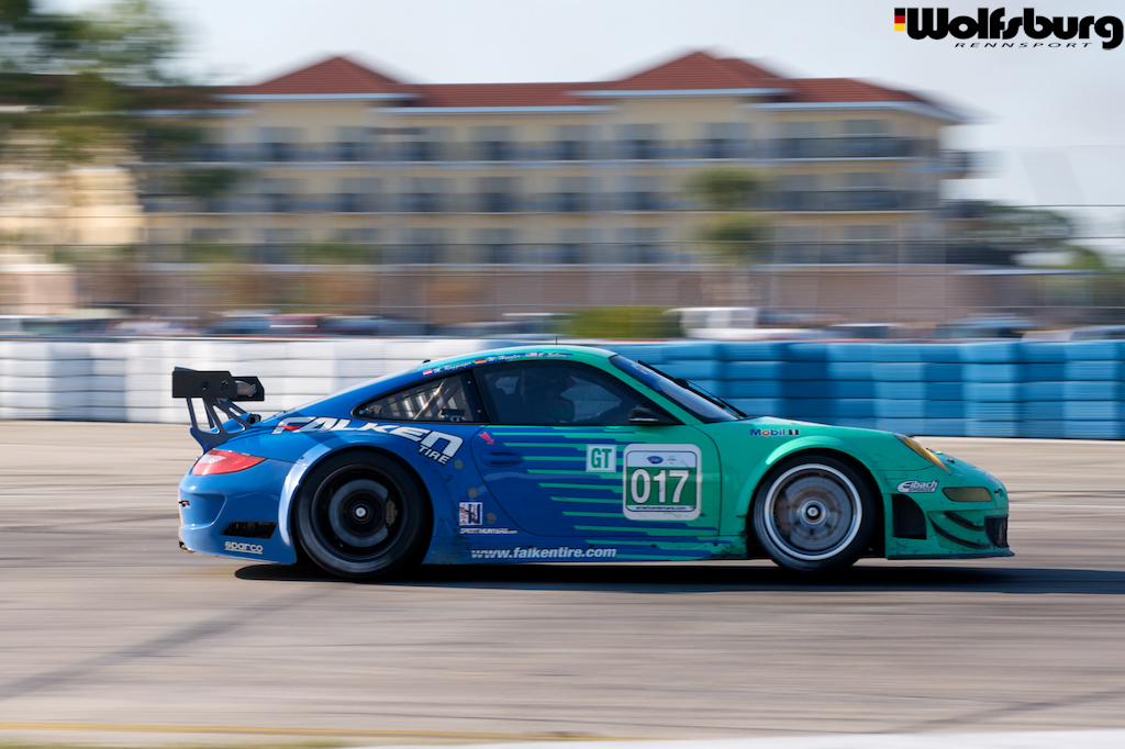 The iconic teal and blue Falken Tire Porsche 911 RSR at Sebring Raceway.