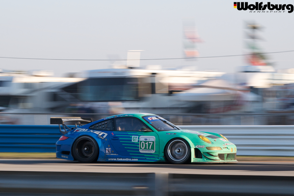 The iconic teal and blue Falken Tire Porsche 911 RSR at Sebring Raceway.