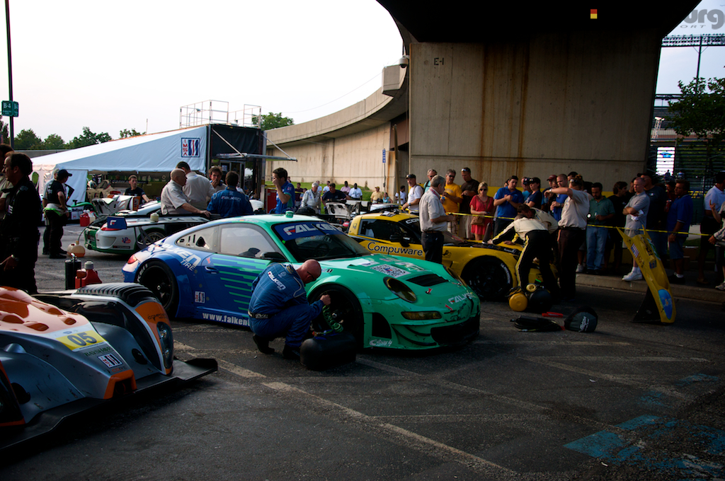 The iconic teal and blue Falken Tire Porsche 911 RSR after winning at Baltimore.