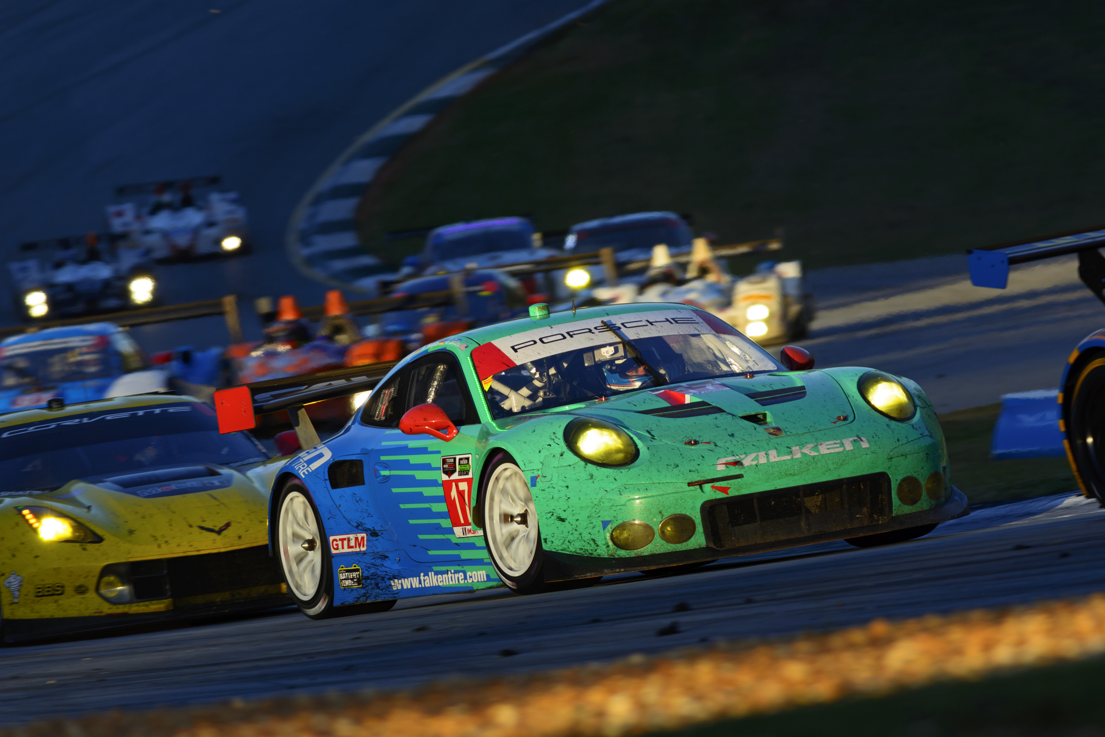 The iconic teal and blue Falken Tire Porsche 911 RSR at Road Atlanta.
