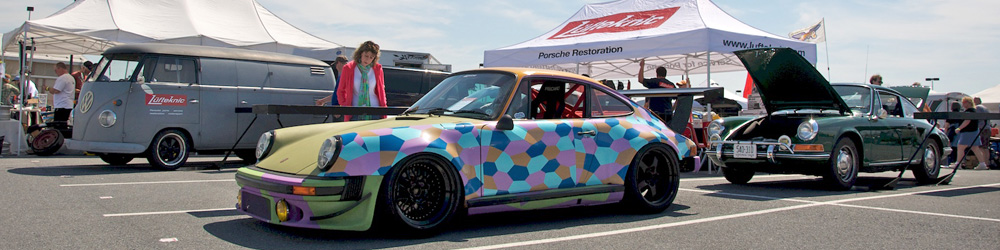 Lufteknic events header image showing Porsches on display and the Lufteknic tent at a car show event.