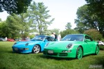 Riviera Blue 993 and Signal Green 997 Porsches at the Richmond Porsche Meet.