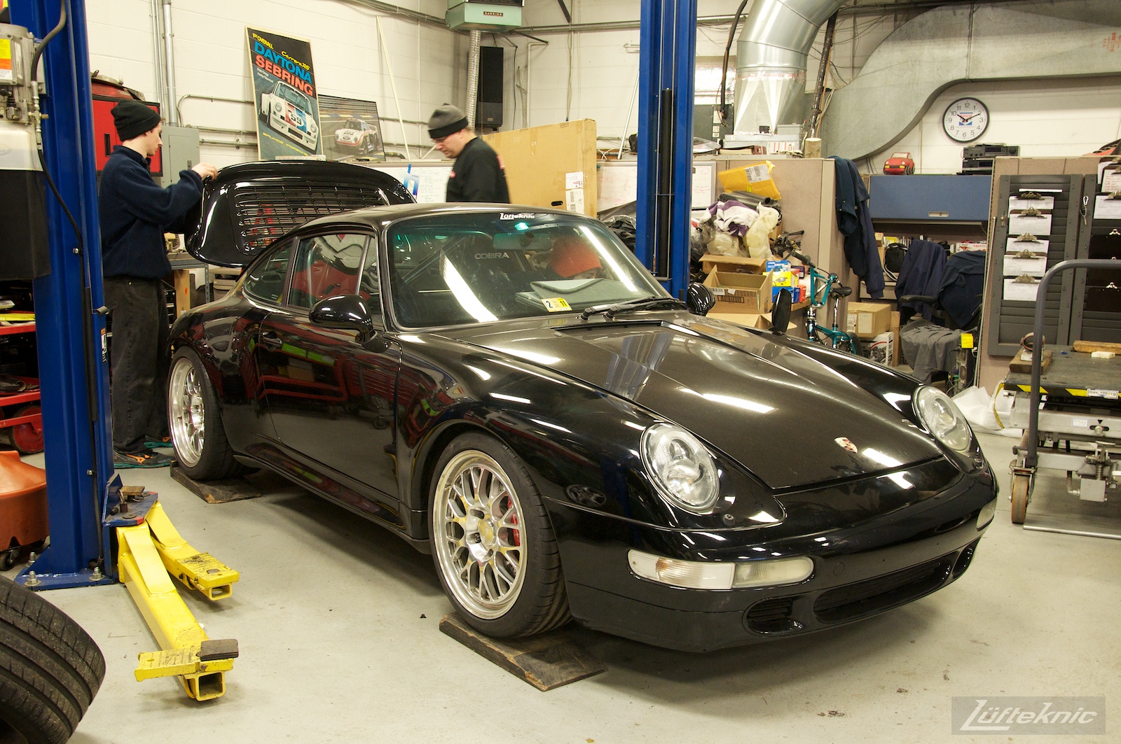 The 993 Turbo is back on the ground show from the front, with the driveline installed.
