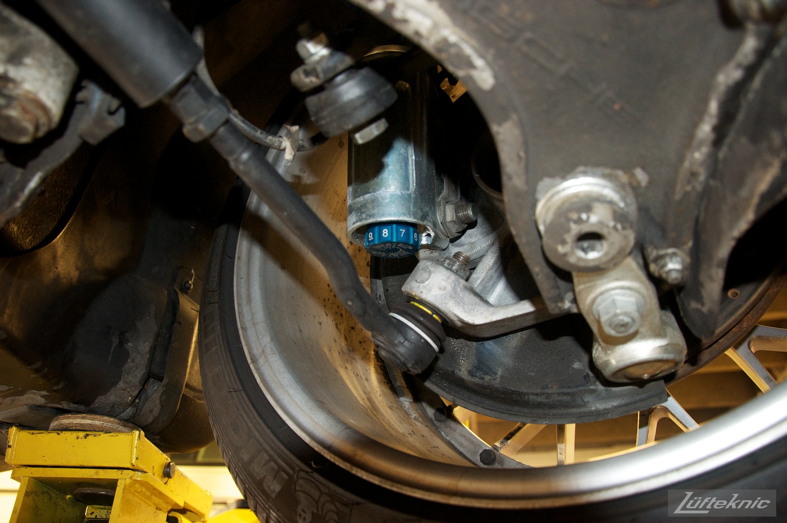 Suspension detail shots with RSR uprights on a 993 Turbo from underneath.