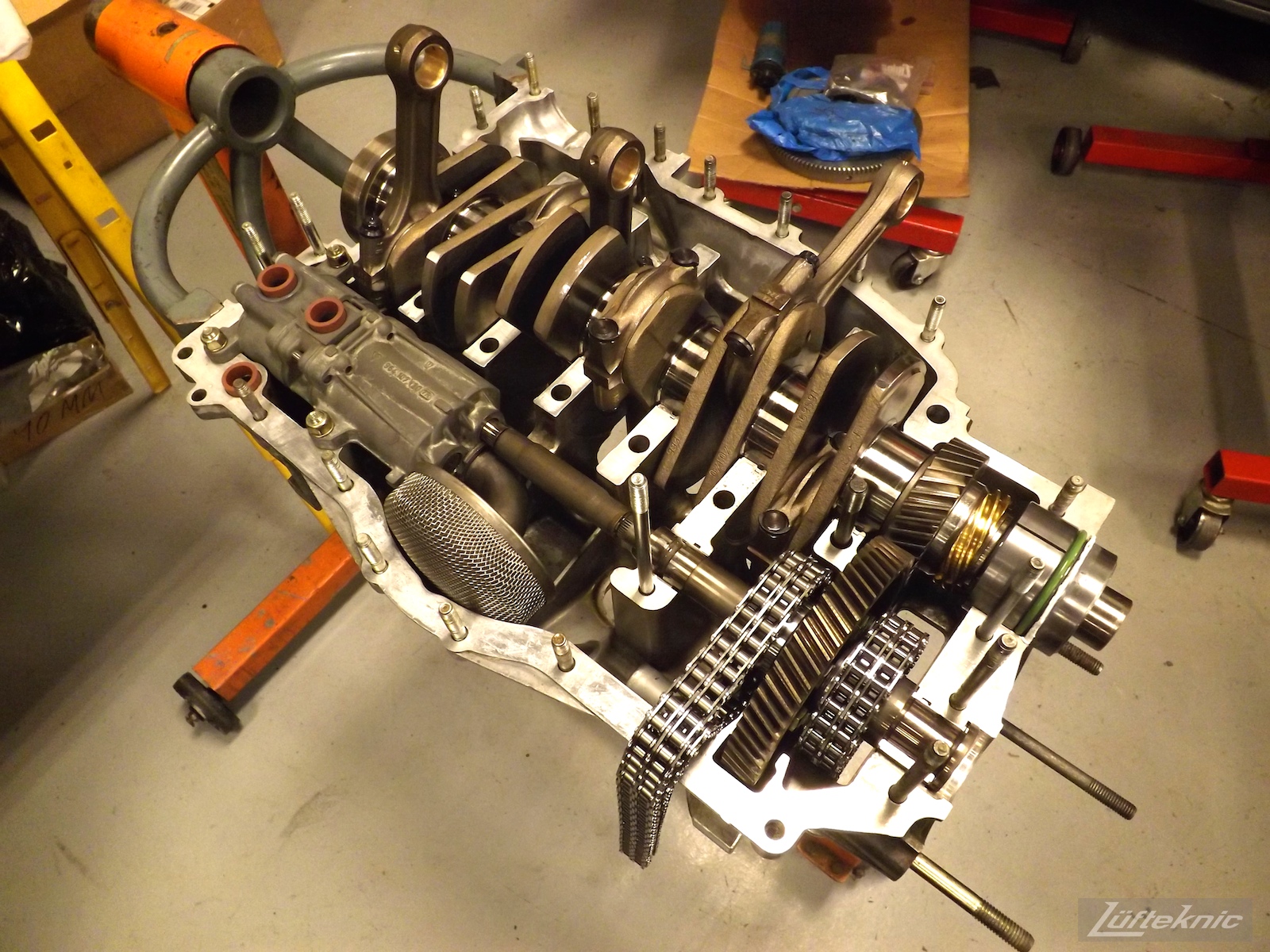 A 993 Turbo engine case with crank, rods and oil pump installed.