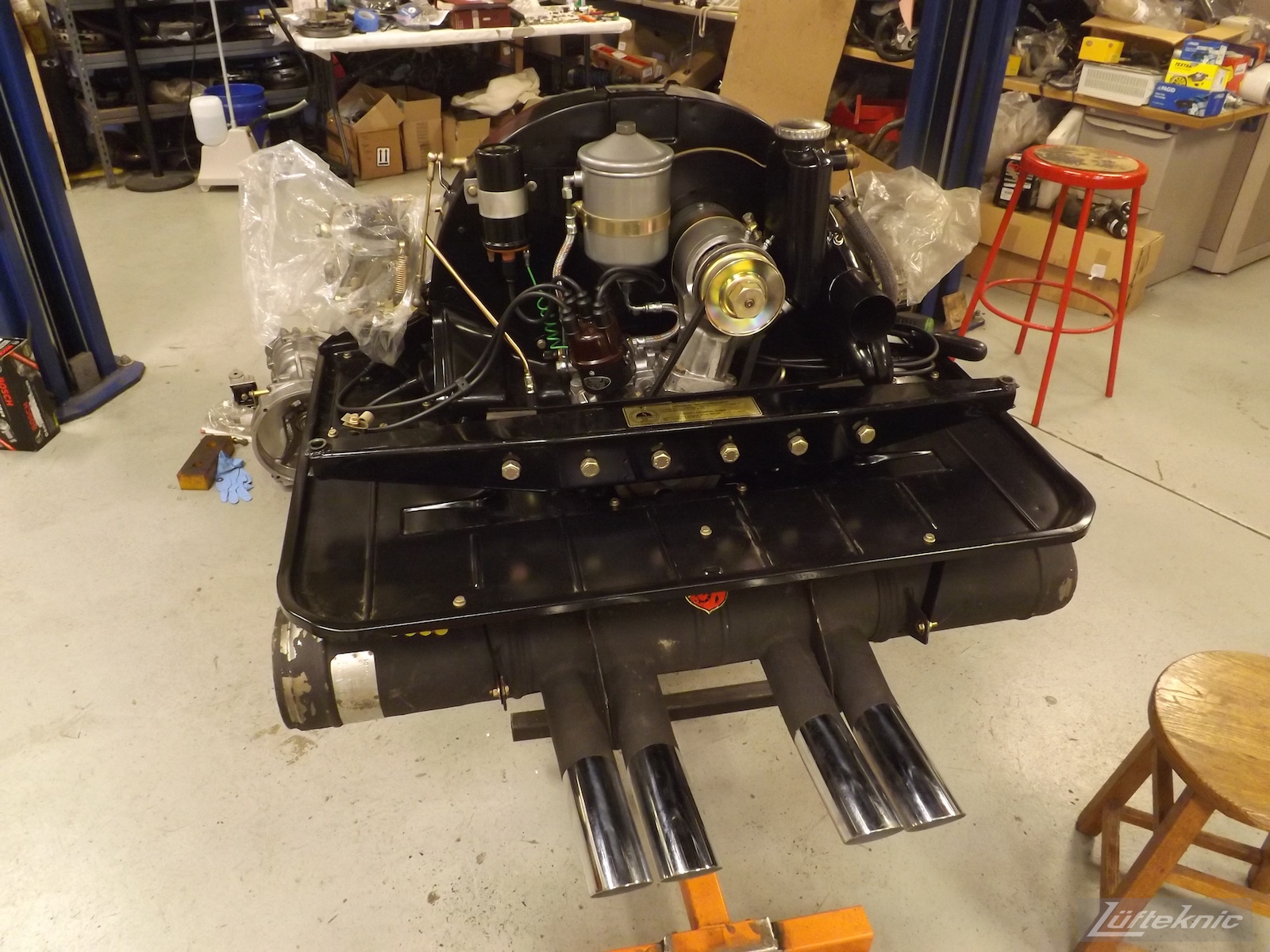 Complete engine with tins ready for install for an Irish Green Porsche 912 undergoing restoration at Lufteknic.