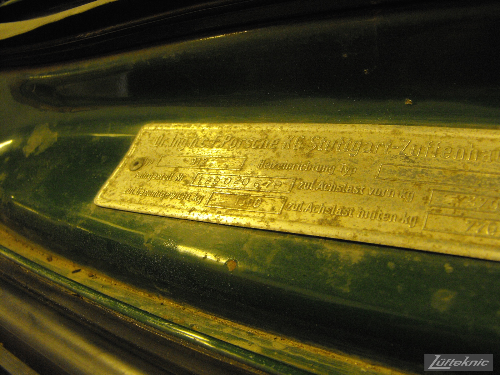 The original build plate of an Irish Green Porsche 912 undergoing restoration at Lufteknic.