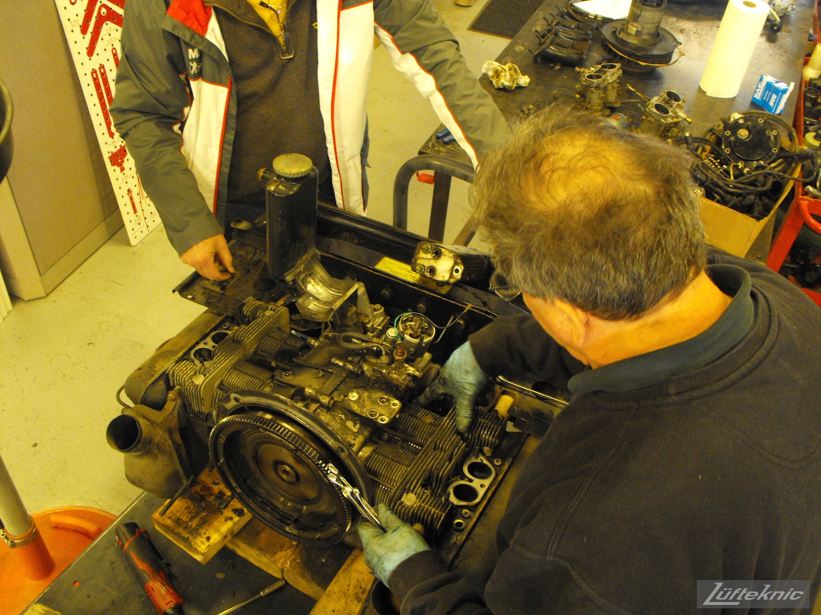 Engine disassembly begins on an Irish Green Porsche 912 undergoing restoration at Lufteknic.