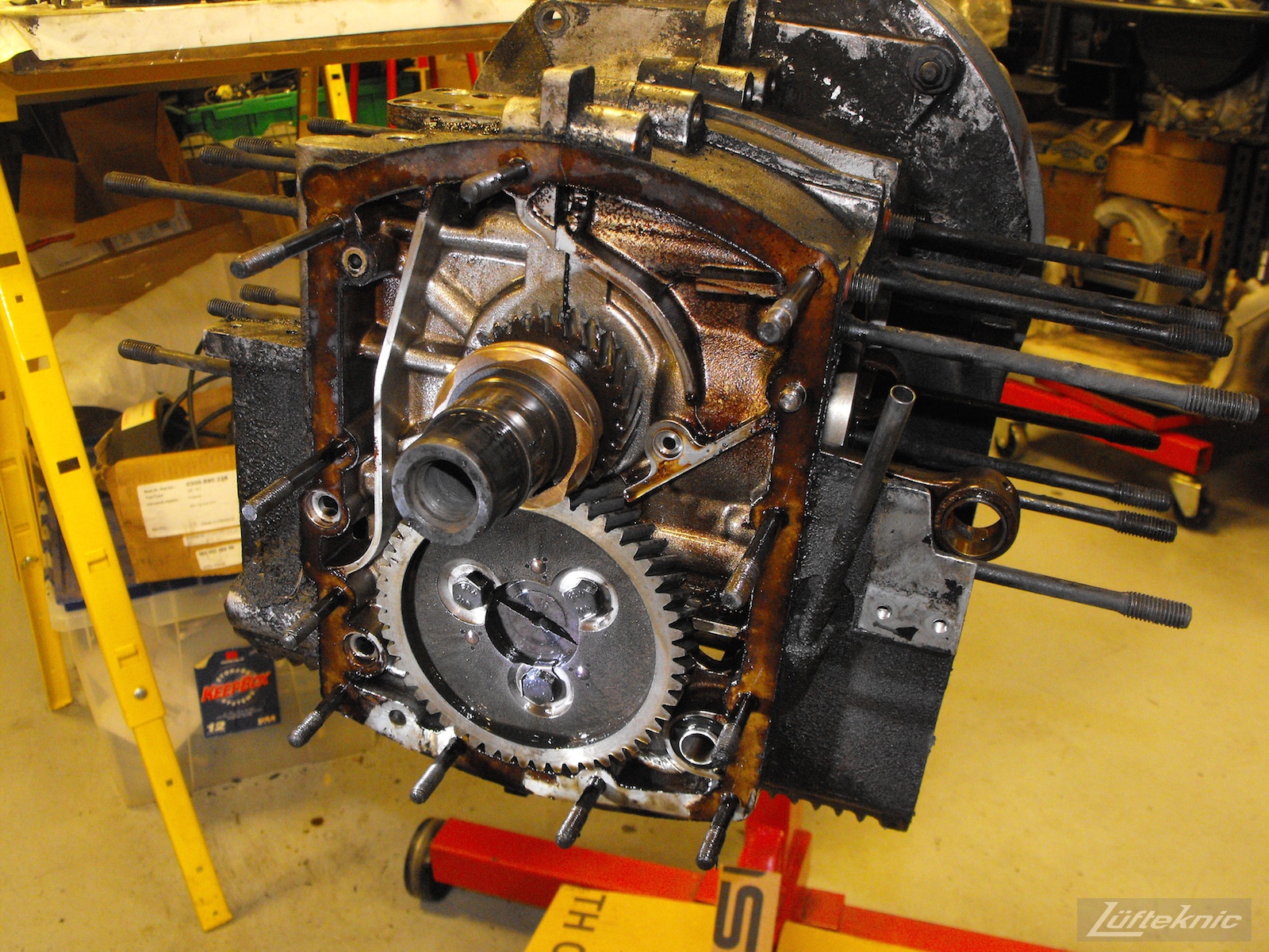 A torn down engine case from an Irish Green Porsche 912 undergoing restoration at Lufteknic.